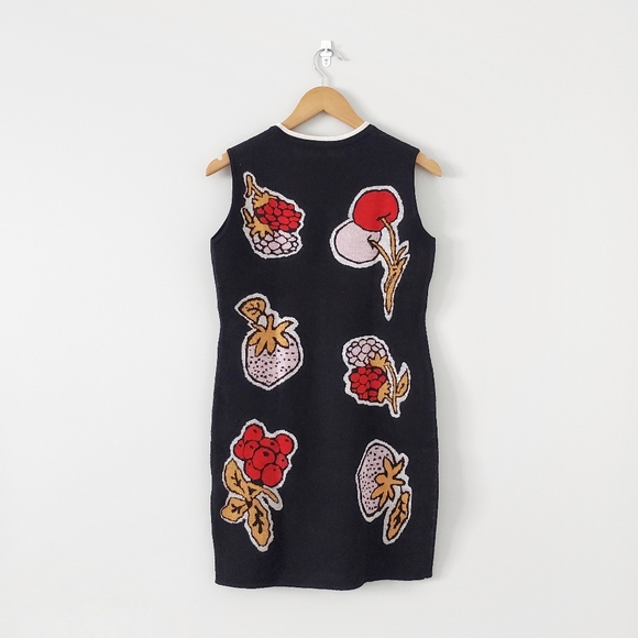 Black Fruits Print Wool Sleeveless Mini Shift Dress - Picture 2 of 8